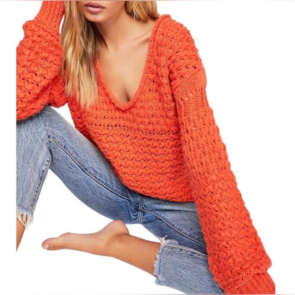 Free People Vibrant Orange V-Neck Sweater